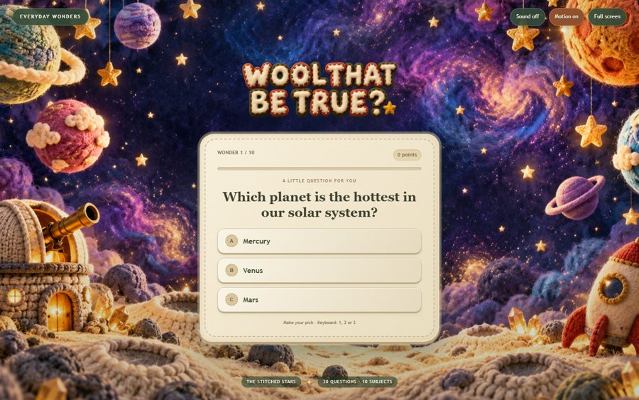 The Everyday Wonders trivia game, with a knitted question card over a felt meadow