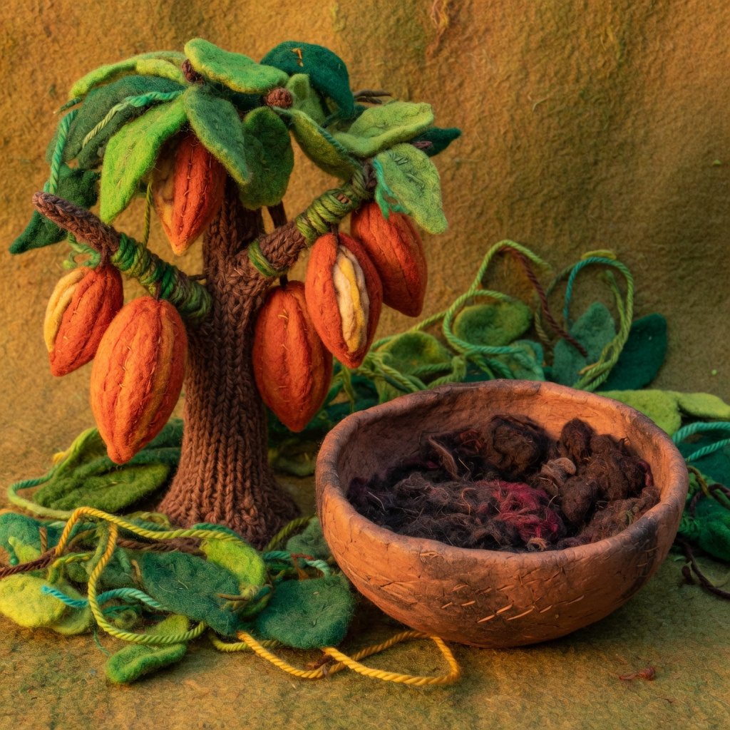 A felt cacao tree with orange pods beside an old bowl
