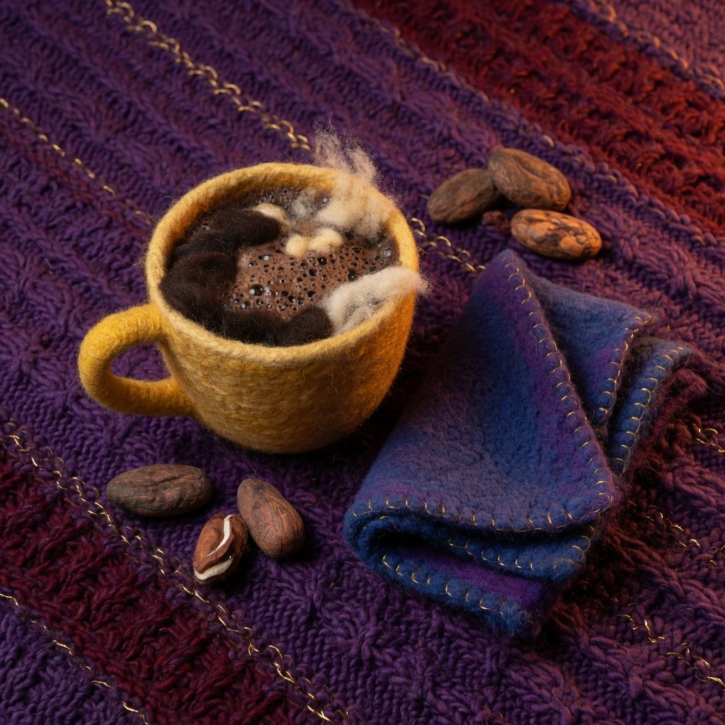 A felt cup of dark foamy chocolate on a rich cloth