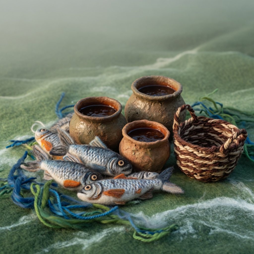 Wool fish and clay jars of dark fish sauce on a misty green shore