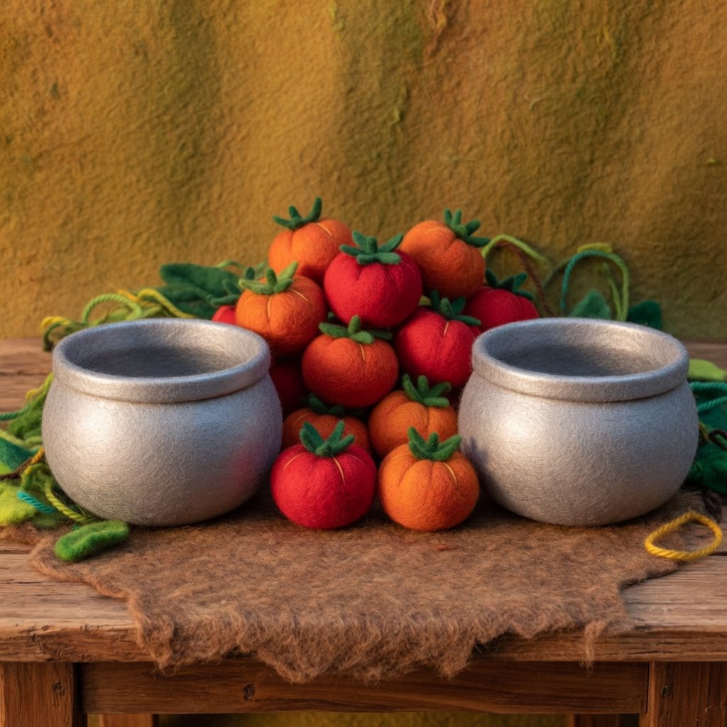Two plain metal pots facing each other across a pile of wool tomatoes