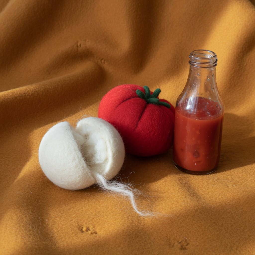A cracked white pill with no tomato inside, beside a real tomato and a bottle of ketchup