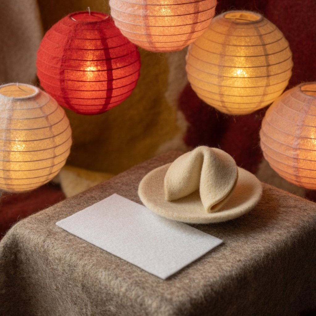 A fortune cookie on a plate under plain paper lanterns