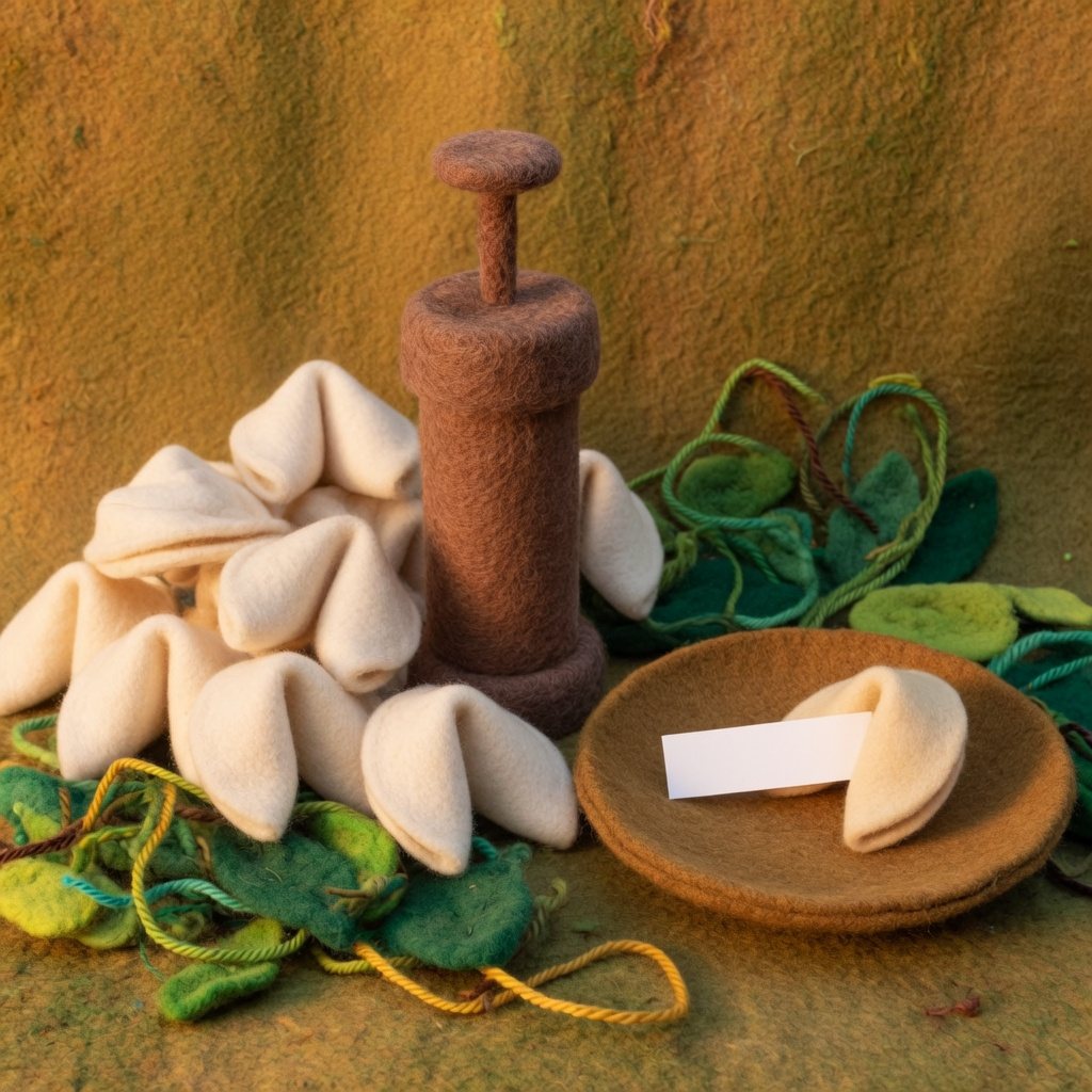 A felt press, a pile of fortune cookies, and one cookie alone on a plate