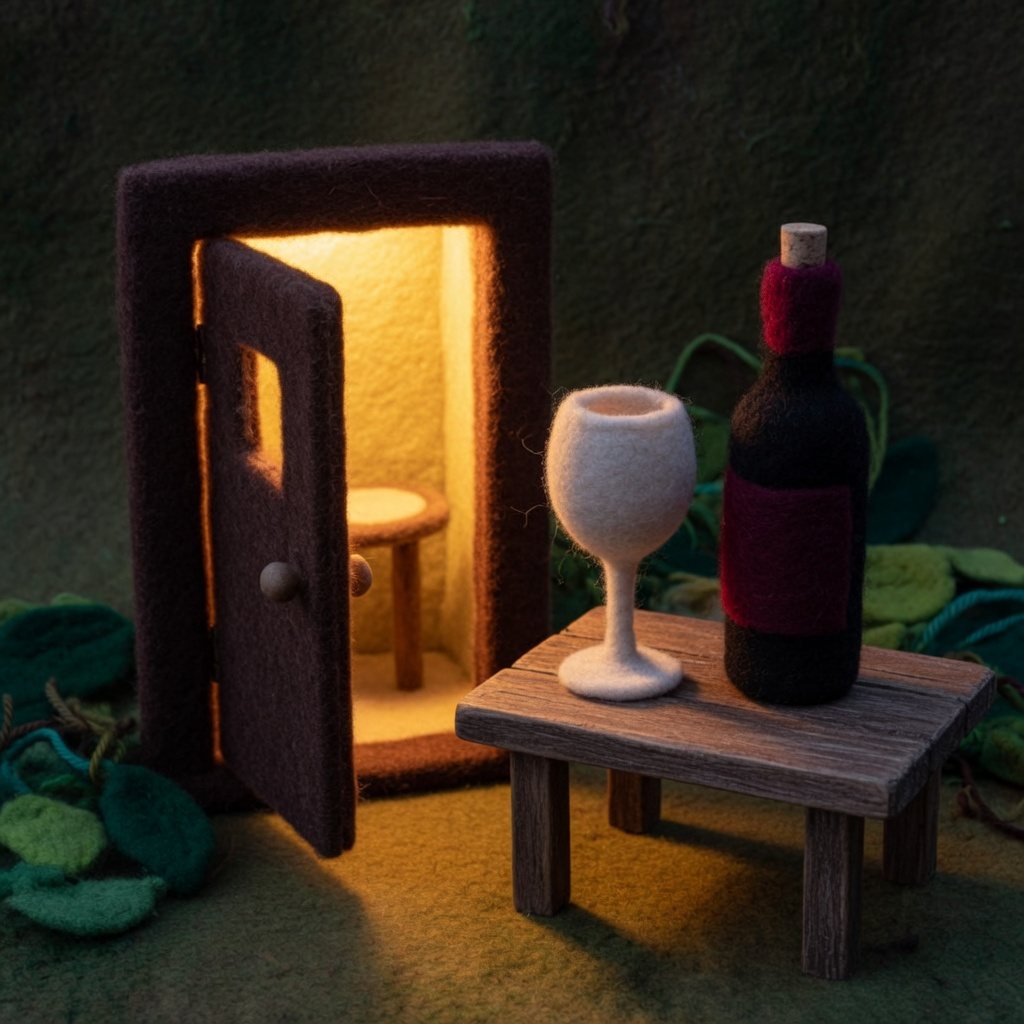 A glowing restaurant doorway with a wine glass and an unlabelled bottle