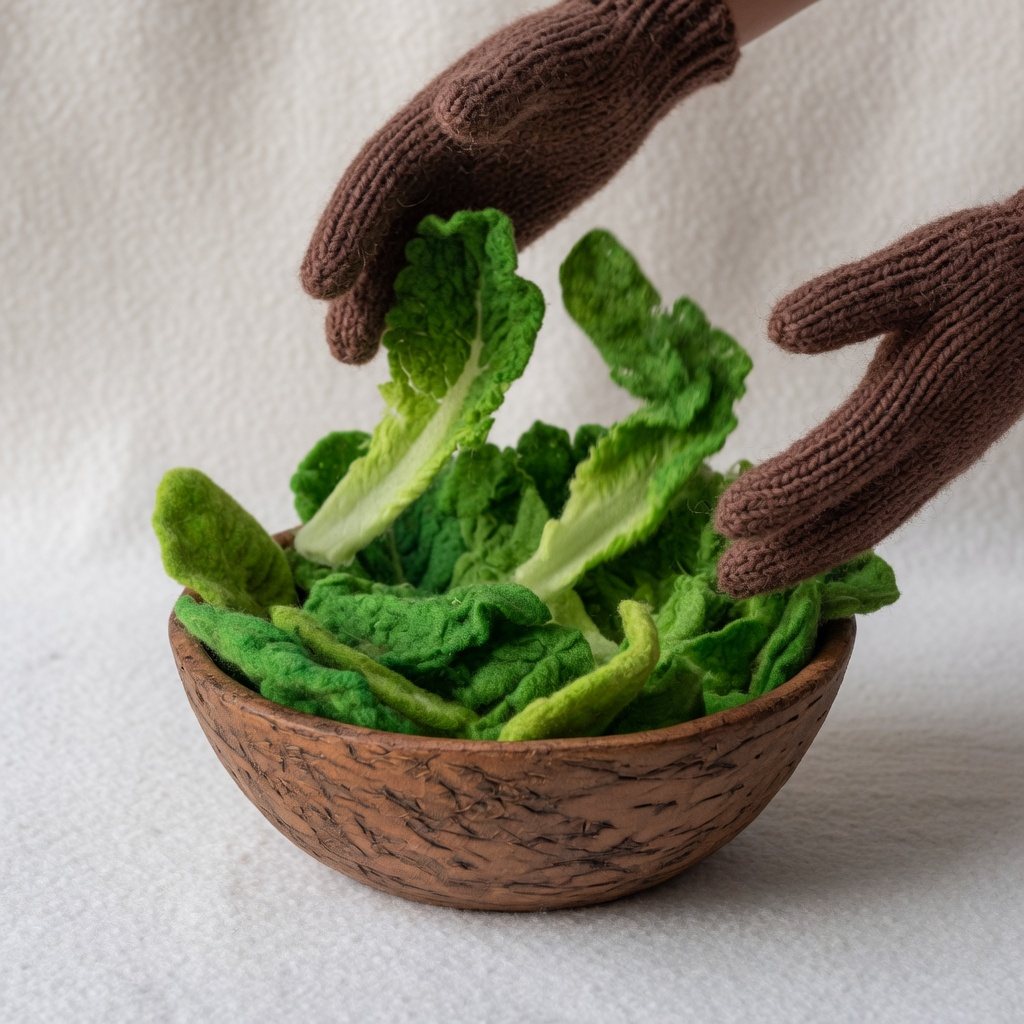 Knitted hands tossing whole romaine leaves in a wooden bowl