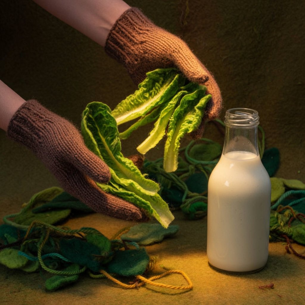 Knitted hands holding romaine beside a plain bottle of creamy dressing