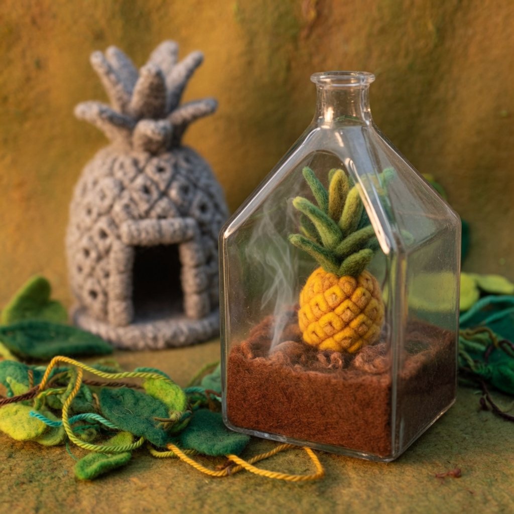 A pineapple growing in a glass hothouse, with a stone pineapple house behind it