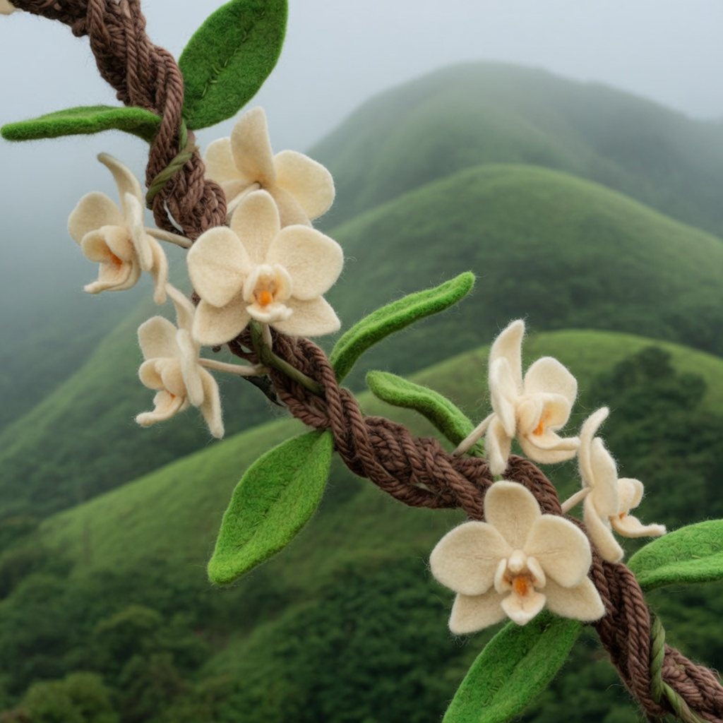 A flowering vanilla vine with no pods on misty green hills